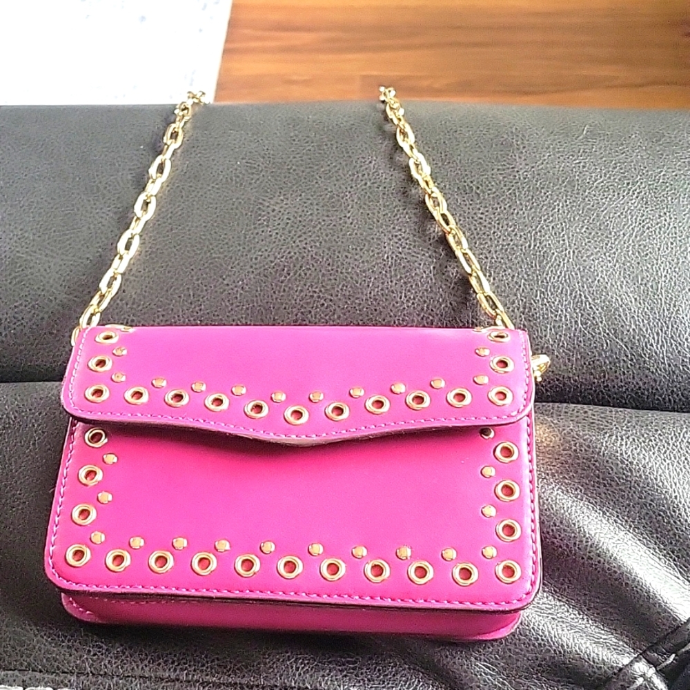 Studded Fuchsia Crossbody Bag with Gold Chain